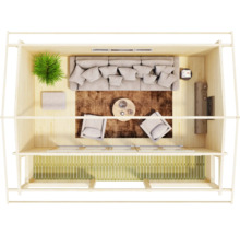 Vogelperspektive eines Holzgartenhauses mit Sofa, Sesseln und Teppich