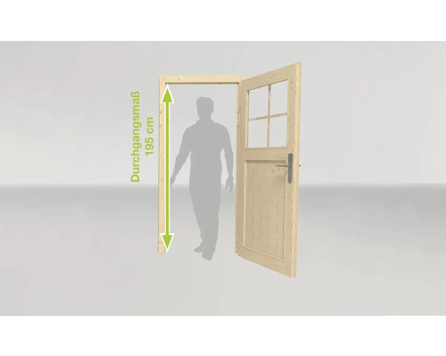 Abbildung einer Holztür mit einer Durchgangsbreite von 195 Zentimetern.