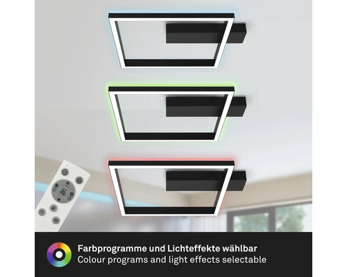 Drei quadratische Deckenleuchten mit LED und Fernbedienung zur Farbauswahl.