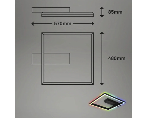 Technische Zeichnung einer quadratischen Deckenleuchte mit den Maßen 570 mm Breite, 480 mm Höhe und 85 mm Tiefe.