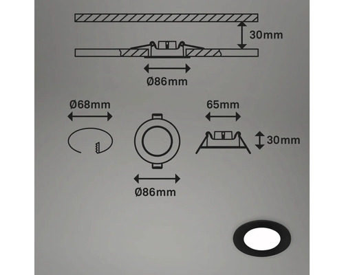 Schéma technique d''un spot encastrable rond avec des dimensions de 86 millimètres de diamètre et 30 millimètres de hauteur