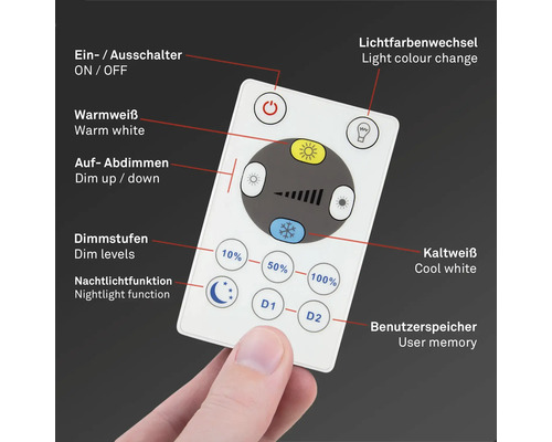 Weiße Fernbedienung für Beleuchtung mit mehreren Tasten zur Steuerung von Lichtfarbe und Helligkeit.