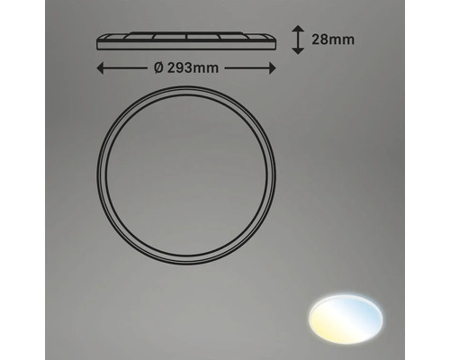 Technische Zeichnung einer runden Deckenleuchte mit den Maßen 293 Millimeter Durchmesser und 28 Millimeter Höhe