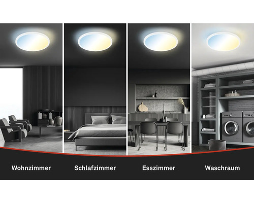 Deckenleuchte in verschiedenen Räumen: Wohnzimmer, Schlafzimmer, Esszimmer und Waschraum