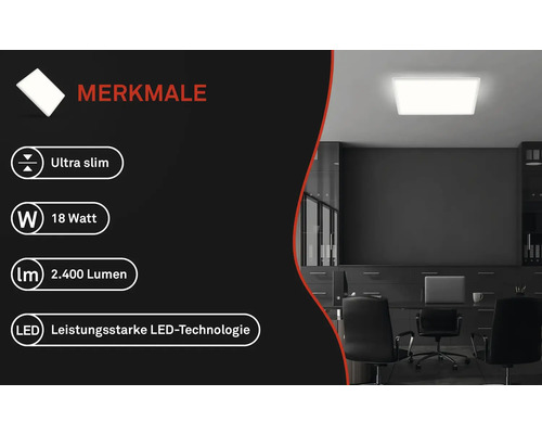Büro mit ultraflacher LED Deckenleuchte, 18 Watt, 2400 Lumen.