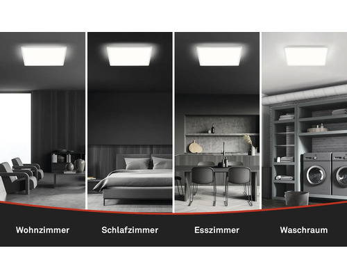 Verschiedene Räume mit einer Deckenleuchte: Wohnzimmer, Schlafzimmer, Esszimmer und Waschraum.