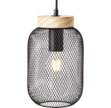 Hängeleuchte mit schwarzem Drahtgeflecht und Holzelement