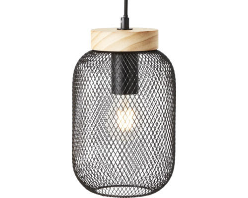 Hängeleuchte mit schwarzem Drahtgeflecht und Holzelement