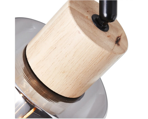 Detailansicht einer Lampe mit Holzelement und Rauchglas