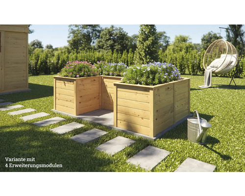 Holzhochbeet mit Blumen im Garten