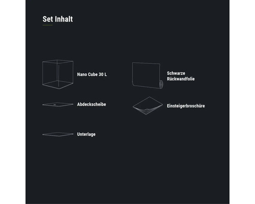 Set Inhalt: Nano Cube 30 Liter, Abdeckscheibe, Unterlage, schwarze Rückwandfolie, Einsteigerbroschüre