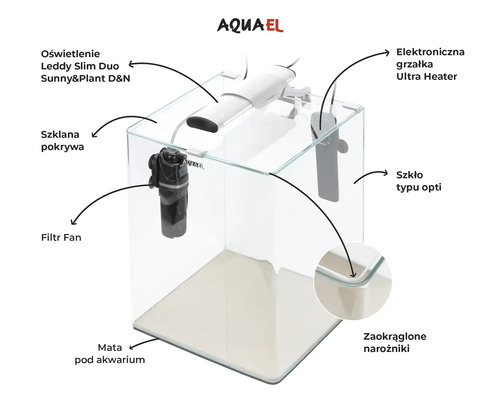 Aquarium avec éclairage LED, chauffage, filtre et couvercle.