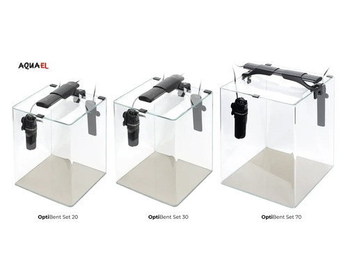 Drei Aquael OptiBent Aquarien Sets mit Beleuchtung und Filter