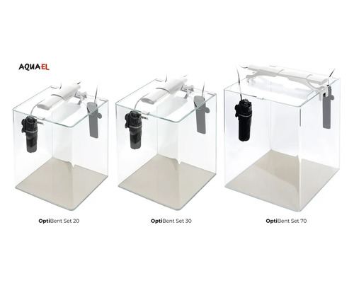 Trois aquariums Aquael OptiBent Set avec filtre et lampe