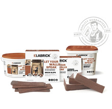 Assortiment de produits Elabrick avec plaquettes de parement, plaquettes d'angle, primaire et mortier adhésif