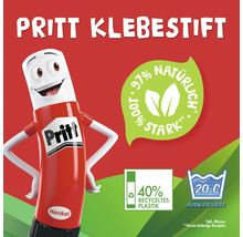Pritt Klebestift mit Cartoonfigur. Enthält 97 Prozent natürliche Inhaltsstoffe, besteht zu 40 Prozent aus recyceltem Kunststoff und ist bei 20 Grad auswaschbar.