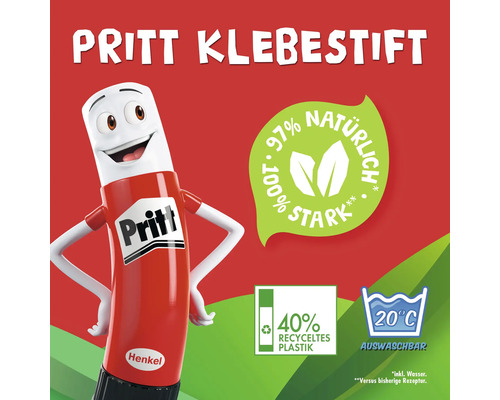 Pritt Klebestift mit Cartoonfigur. Enthält 97 Prozent natürliche Inhaltsstoffe, besteht zu 40 Prozent aus recyceltem Kunststoff und ist bei 20 Grad auswaschbar.
