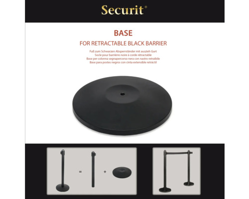 Schwarzer Fuß für einen Absperrständer mit ausziehbarem Gurt