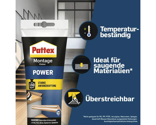 Pattex Montage Kleber Power Kartusche mit Informationen zu Temperaturbeständigkeit, Anwendungsbereichen und Überstreichbarkeit