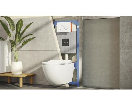 Salle de bains moderne avec WC suspendu à fond creux, bâti-support et plante