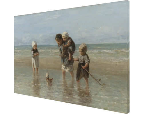 Peinture avec des enfants jouant sur la plage