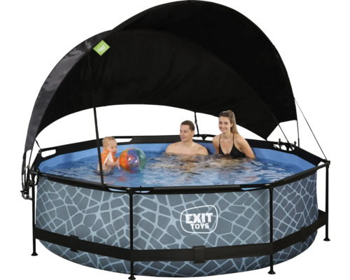 Schwimmbecken mit Sonnendach, Menschen im Wasser und EXIT Toys Logo