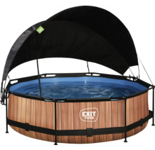 Rundes Schwimmbecken mit Holzoptik und schwarzem Sonnendach