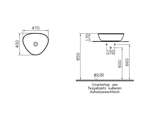 Schéma technique d''un lavabo à poser avec dimensions