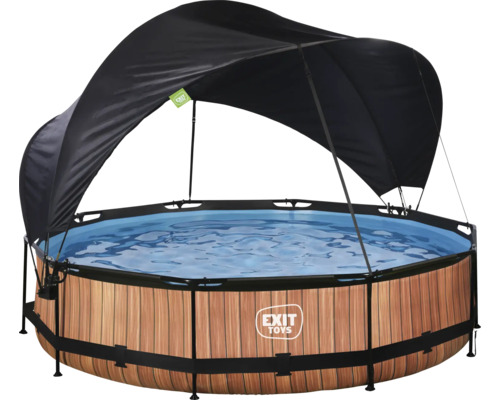 Runder Aufstellpool mit Sonnendach und Holzoptik