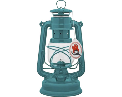 Türkisblaue Petroleumlampe mit transparentem Glas