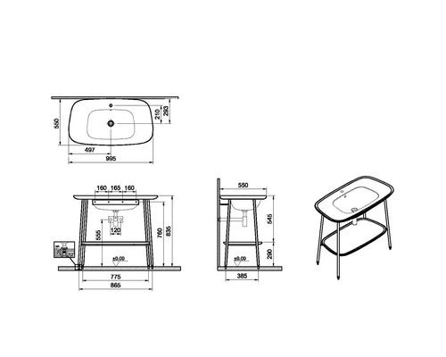 Technische Zeichnung eines Waschtisches mit Maßangaben
