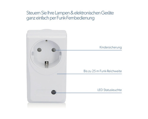 Funksteckdose mit Kindersicherung, bis zu 25 Meter Funkreichweite und LED Statusleuchte