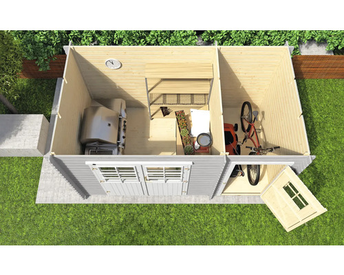 Vue de dessus d''un abri de jardin avec barbecue, vélos et étagères à l''intérieur.