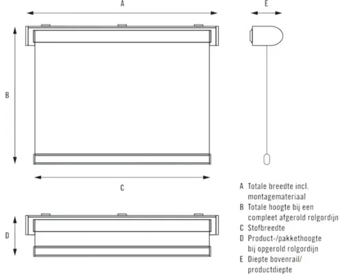 Schéma des dimensions du store enrouleur avec largeur totale, hauteur totale, largeur du tissu, hauteur du produit et profondeur du rail supérieur.