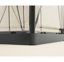 Vue détaillée d'une serre avec cadre et panneaux transparents.