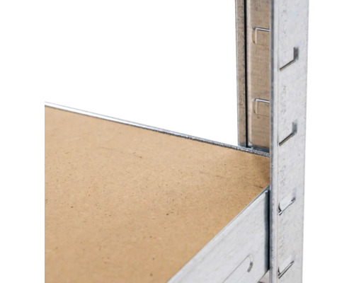 Vue détaillée d''une étagère de stockage avec tablette en bois et cadre en métal.