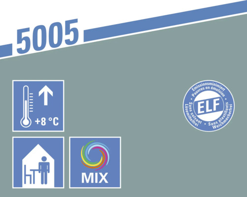 Informations sur le produit 5005 : température de stockage supérieure à 8 degrés Celsius, convient pour les espaces intérieurs, système de mélange et label ELF pour les produits à faibles émissions