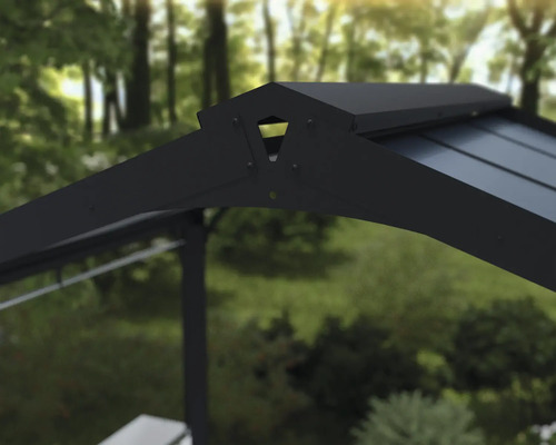 Detailansicht eines Pavillons mit Metalldachkonstruktion und Verbindungselementen.
