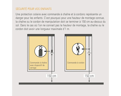 Illustration sur la sécurité des enfants pour les stores avec commande à chaînette ou à cordon, montrant la hauteur de montage et la longueur recommandée des éléments de commande.