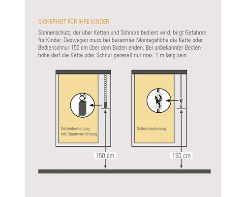 Illustration zur Kindersicherheit bei Rollos mit Ketten- und Schnurbedienung.