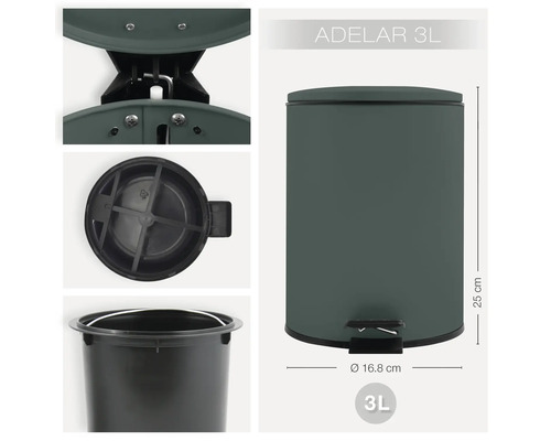 Poubelle à pédale Adelar d''une capacité de trois litres et mécanisme à pédale