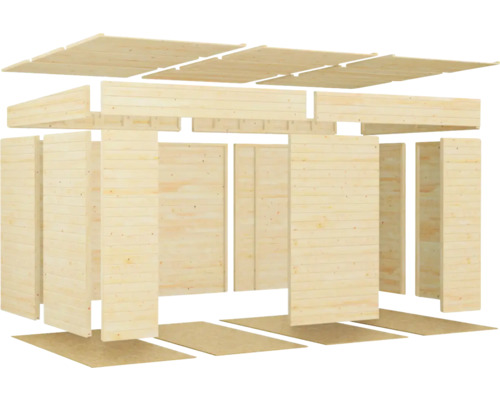 Explosionszeichnung eines Gartenhauses aus Holz mit Dachelementen, Wandelementen und Bodenelementen