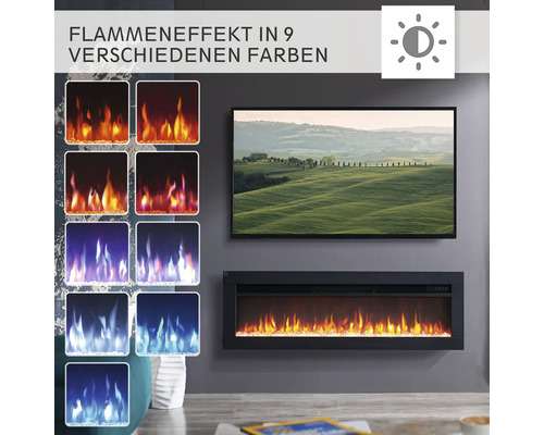 Dekorativer Elektrokamin mit neun verschiedenen Farbeinstellungen für den Flammeneffekt und einem Helligkeitssymbol.