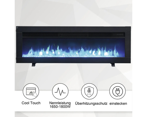 Elektrischer Kamin mit blauen Flammen und den Symbolen: Kühl, Nennleistung, Überhitzungsschutz, Stecker