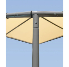 Detailansicht eines Sonnenschirms mit Metallgestell und Stoffbespannung.