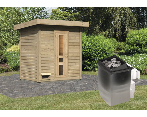 Sauna extérieure en bois avec poêle de sauna dans le jardin