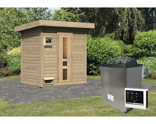 Sauna en bois avec poêle de sauna dans le jardin