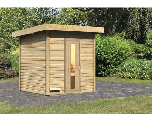 Chalet sauna Karibu Talos 2 sans poêle sans zone d'entrée avec porte en bois et verre isolant Chalet sauna Karibu Talos 2 sans poêle sans zone d'entrée avec porte en bois et verre isolant