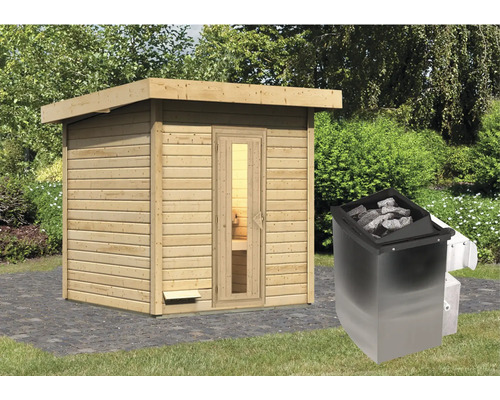 Chalet sauna Karibu Talos 2 avec poêle 9 kW et commande intégrée sans zone d'entrée avec porte en bois et verre isolant Chalet sauna Karibu Talos 2 avec poêle 9 kW et commande intégrée sans zone d'entrée avec porte en bois et verre isolant