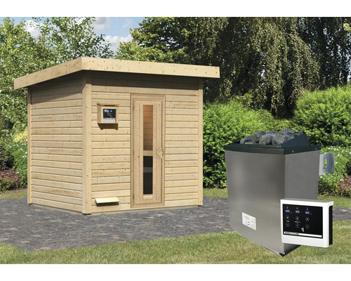 Sauna extérieure avec poêle de sauna et commande dans le jardin